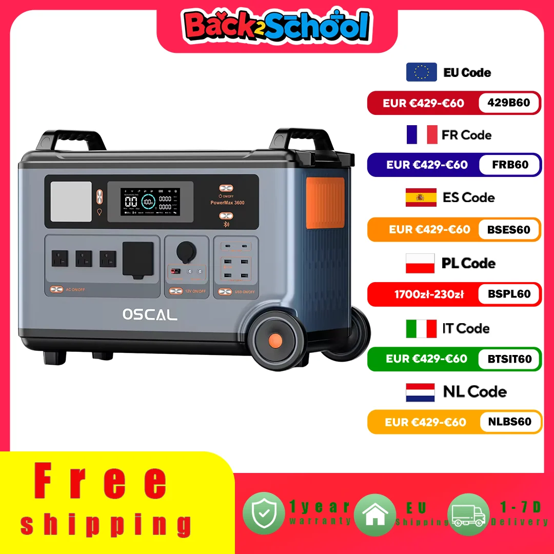 Oscal PowerMax 3600 Centrale Elettrica Portatile 3600W Generatore Solare 7200Wh LiFePO4 Batteria di Backup Domestico di Campeggio Esterna di Alimentazione Mobile