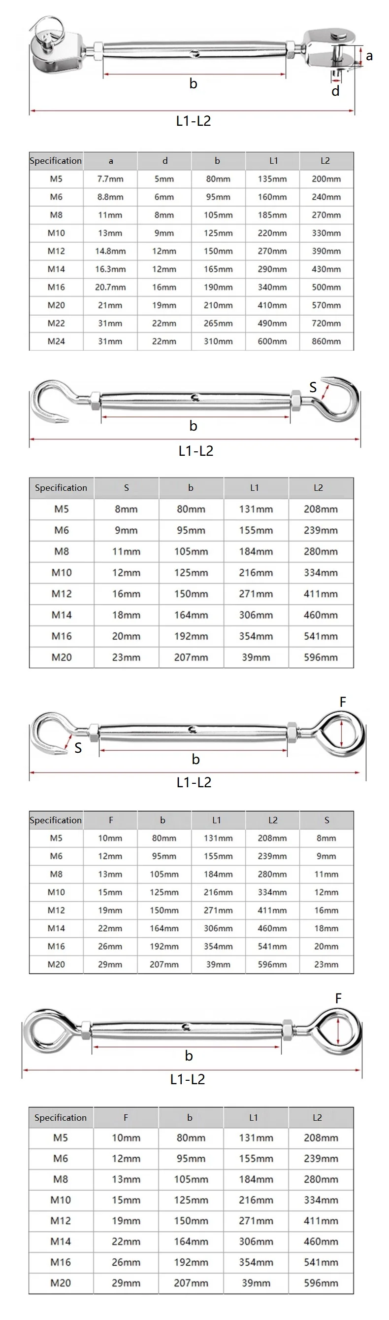 1pcs M5-M20 304 Stainless Steel Hooks & Eye UU OC OO CC Close Type Adjust Chain Rigging Turnbuckle Wire Rope Tension Device