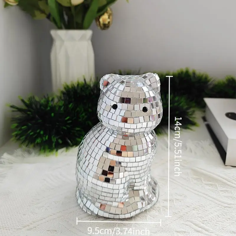 Niedliche Katzen-Discokugel-Skulptur, kreatives, funkelndes, spiegelndes Dekorationsobjekt für Zuhause, Partys, Neujahrsdekoration, Geschenk – Detail 3