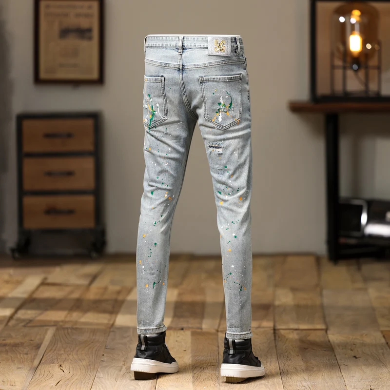 High Street Fashion Men Jeans Retro Light Blue Painted Designer Stretch Slim Ripped Jeans Men Hip Hop Denim Pencil Pants Hombre
