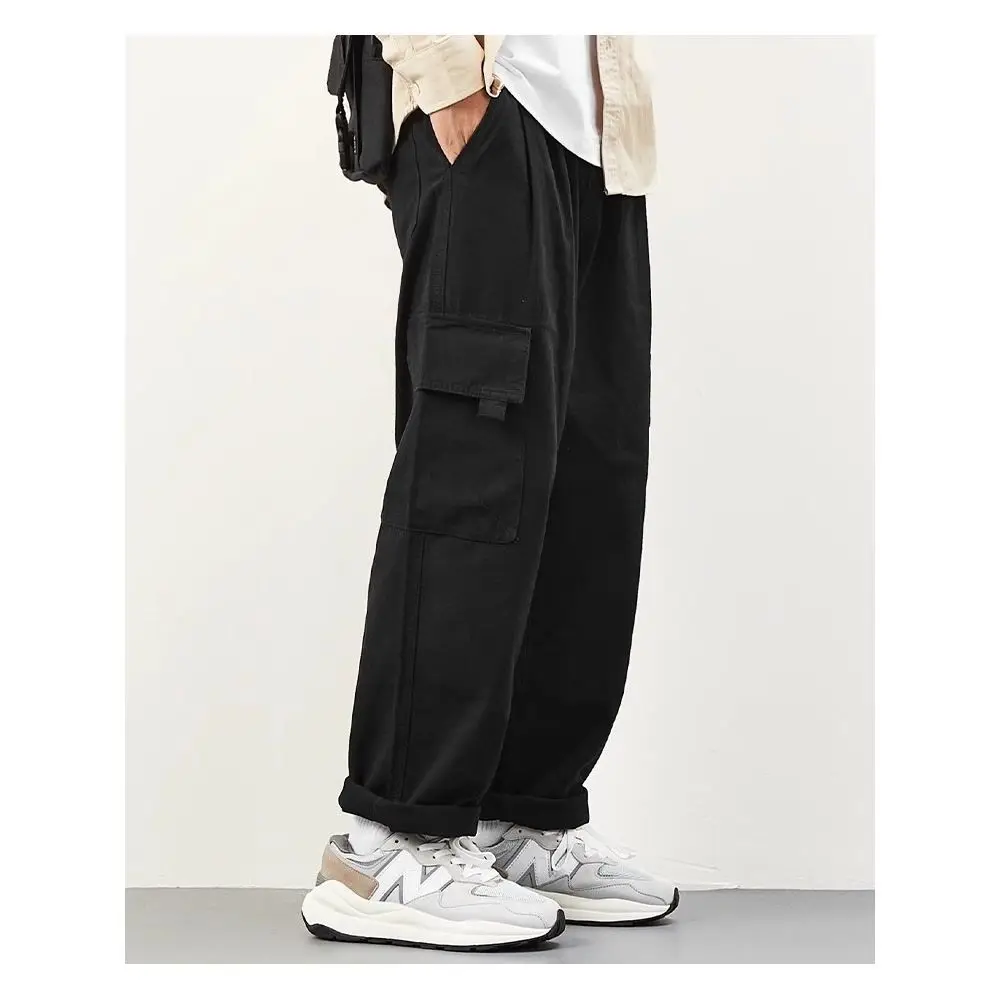 Primavera outono estilo japonês cor sólida multi-bolso calças de trabalho masculino retro solto algodão em linha reta perna larga casual