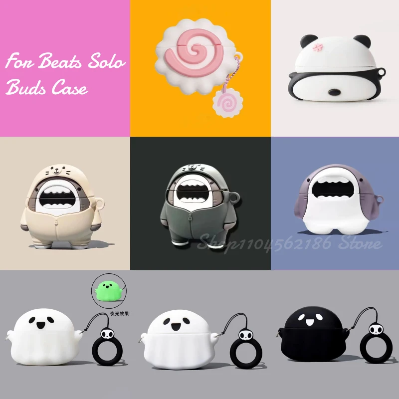 For Beats Solo Buds Case 3D Cute Panda Shark Silicone Shockproof Cover Protective Sleeve Headphones Case Charging Box with Hook