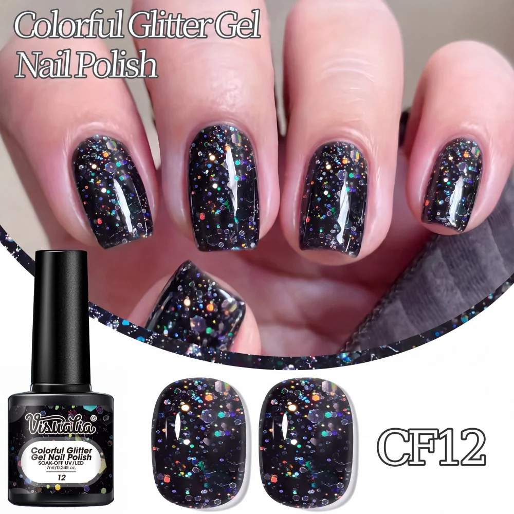 Visuatia Colorful Glitter Nail Gel Polish, black base with mixed-size iridescent glitter, uniform texture, stable gel that doesn't easily drip. Suitable for nail art enthusiasts and offline nail salons for creating coo