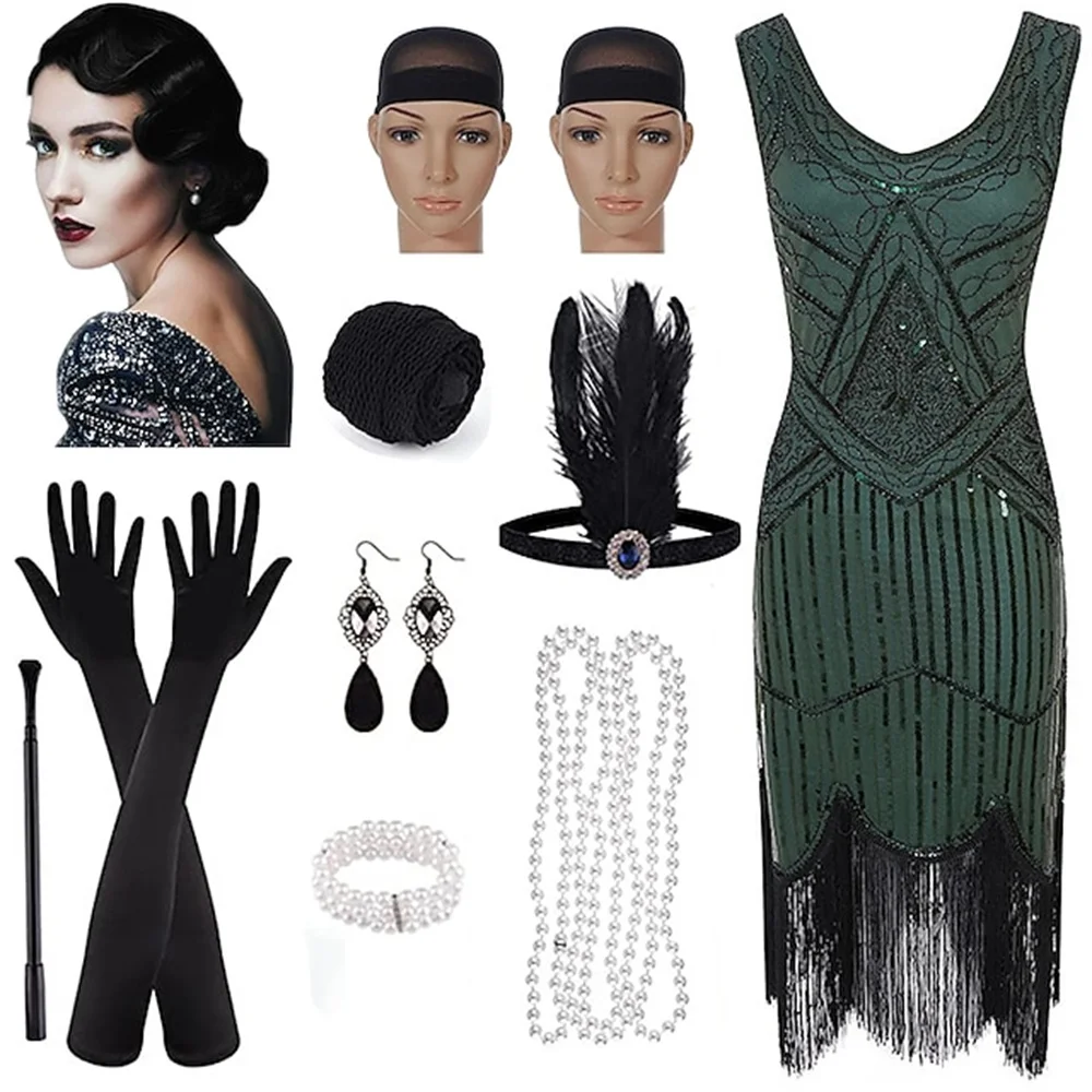 Retro 20s 1920s Flapper Dress Outfits Flapper Headband The Great Gatsby Women's Sequins Tassel Fringe Evening Dress