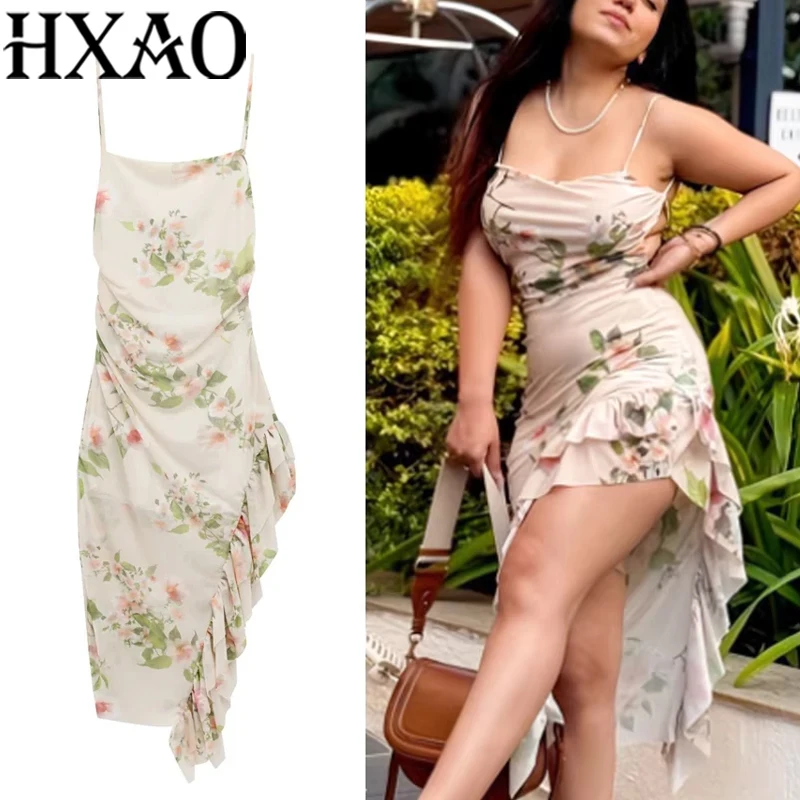 HXAO Slip Women's Dress Fairy Sleeveless Floral Dress Summer Tulle Print Midi Dresses Tie Backless Ruffle Asymmetrical Dress 088