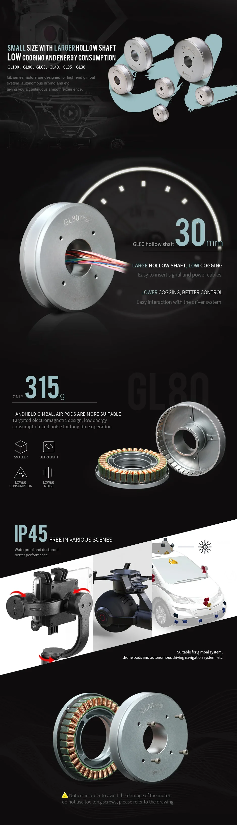 T-MOTOR GL80 30kv 60kv baja obstrucción 350rpm motor cardán de bajo voltaje bldc 750w