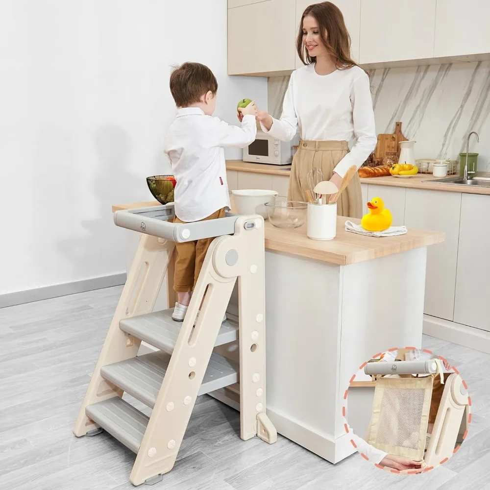 

Foldable Toddler Tower Kitchen Learning Stool Helper, Montessori Kids Standing Tower for Counter, Collapsible Adjustable Baby C
