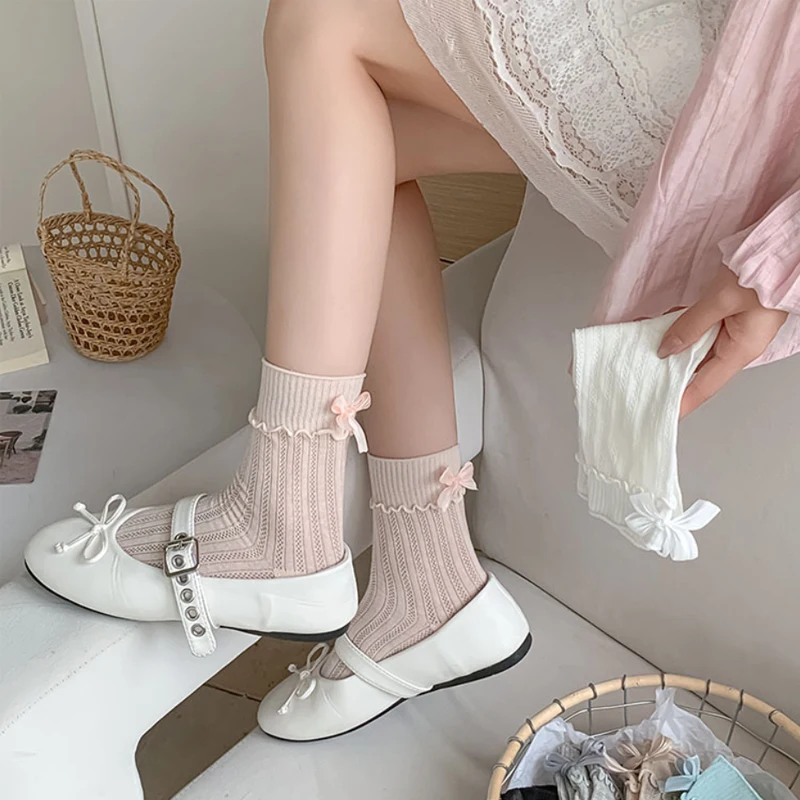 

Ladies' Socks Japanese Bowknot Lolita Cute Jk Sweet Cute Rolled Edge High Quality Comfortable Breathable Cotton Socks For Girl