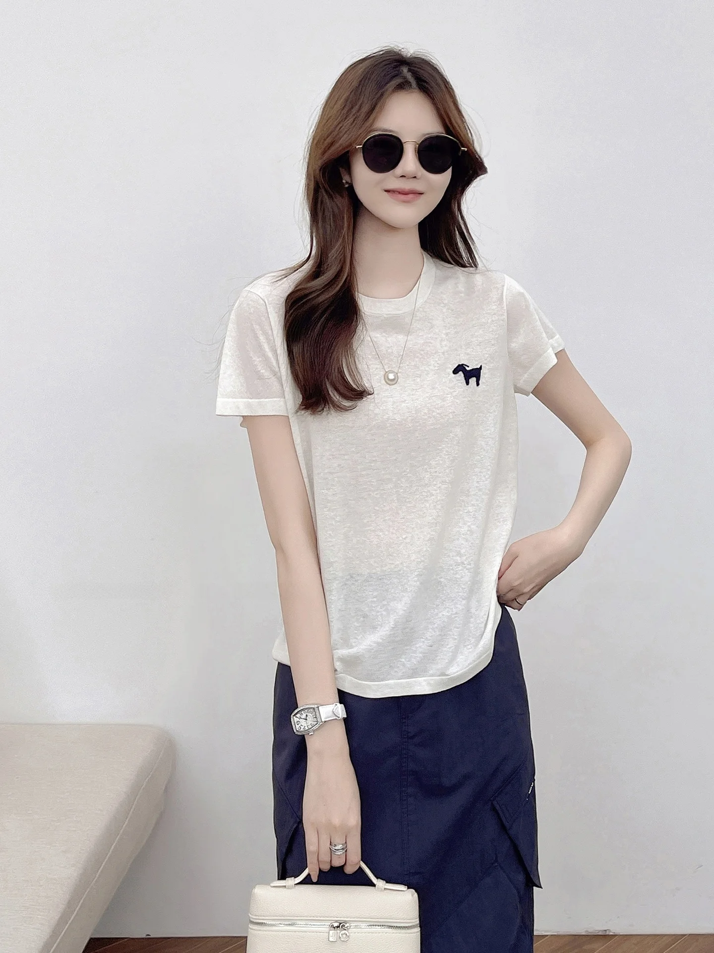 

Корейская трикотажная футболка с круглым вырезом и коротким рукавом, женская летняя новинка, модный повседневный топ из смесового хлопка и льна