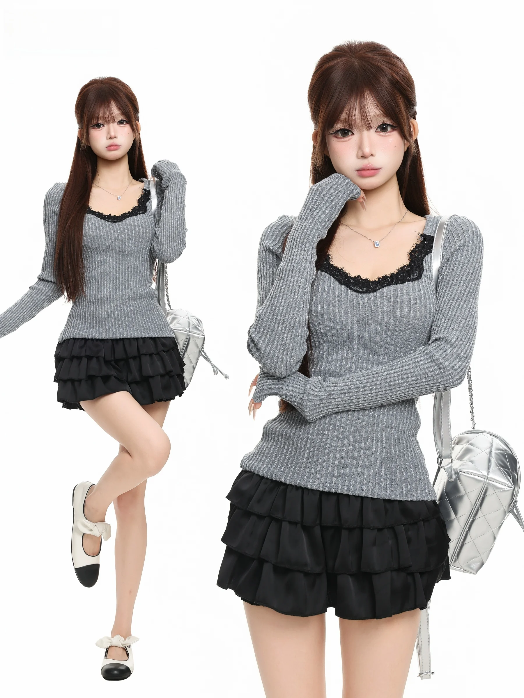 BASTERDS Lace Splicing Knitted Long Sleeve T-Shirt Women's Slim Fit Base Shirt Top American Style Moderate Softness round Nec...