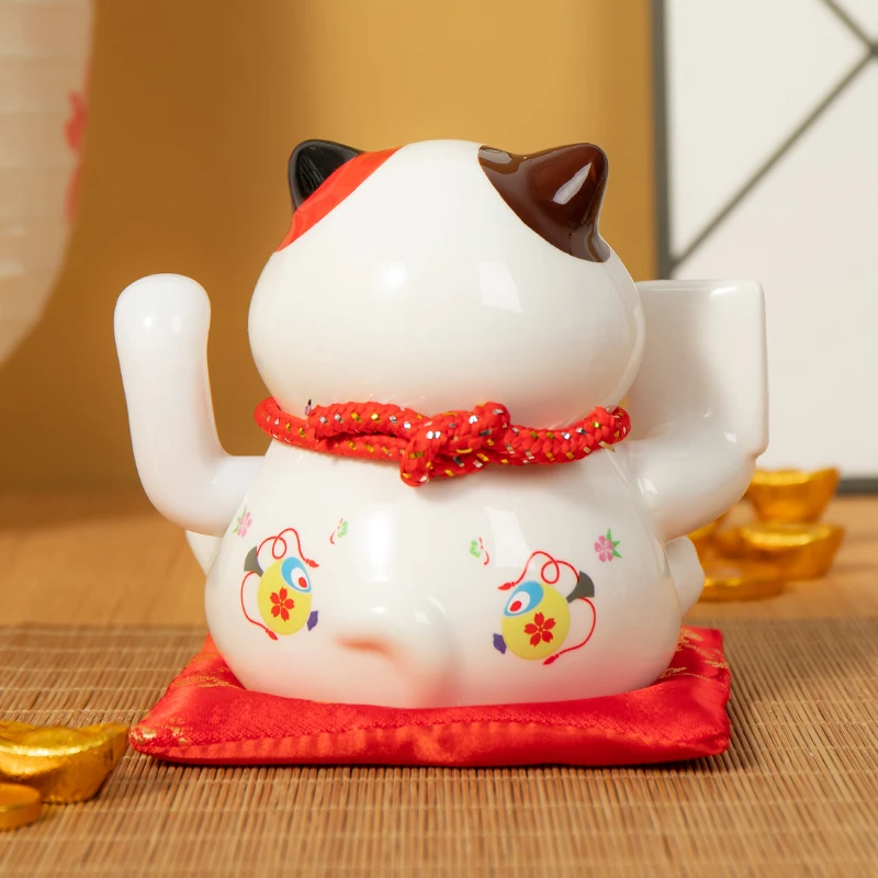 5.5 Inch Ceramic Beckoning Cat Maneki Neko Ornament Feng Shui Decoration Swing Lucky Fortune Cat Battery Powered Business Gift