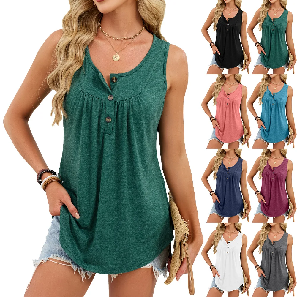 Women's Sleeveless Henley Tank Top Button Front Pleated Loose Fit Blouse Casual Summer Tunic with Curved Hem