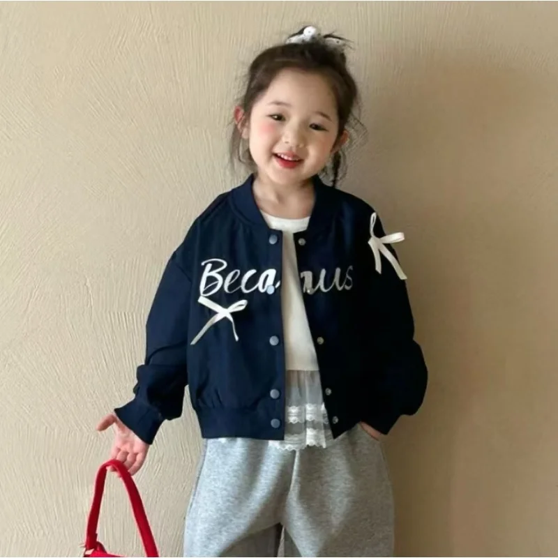 

Girl's Spring Autumn Coat 2025 Fashion New Long Sleeve Bow Baseball Jersey Infant Jacket Top 2-10Y Kids Letter Baseball Uniform