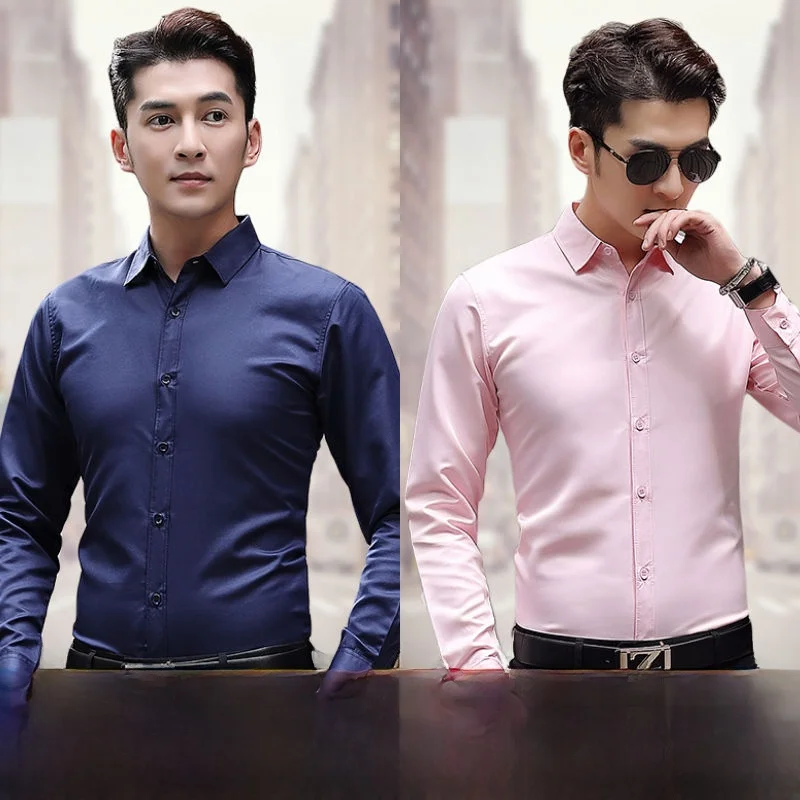 

Ice Silk Long Sve Modal против морщин, тонкая повседневная официальная мужская одежда розового цвета Dr irt Ultra Slim Fit Busin повседневная одежда