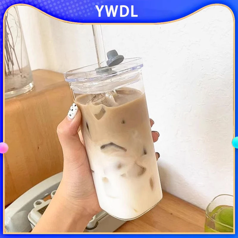 1/2/4PCS Square Heat Resistant Coffee Glass Cup With Lid and Straw Transparent Milk Tea Juice Cups Coffee Mug Drinkware