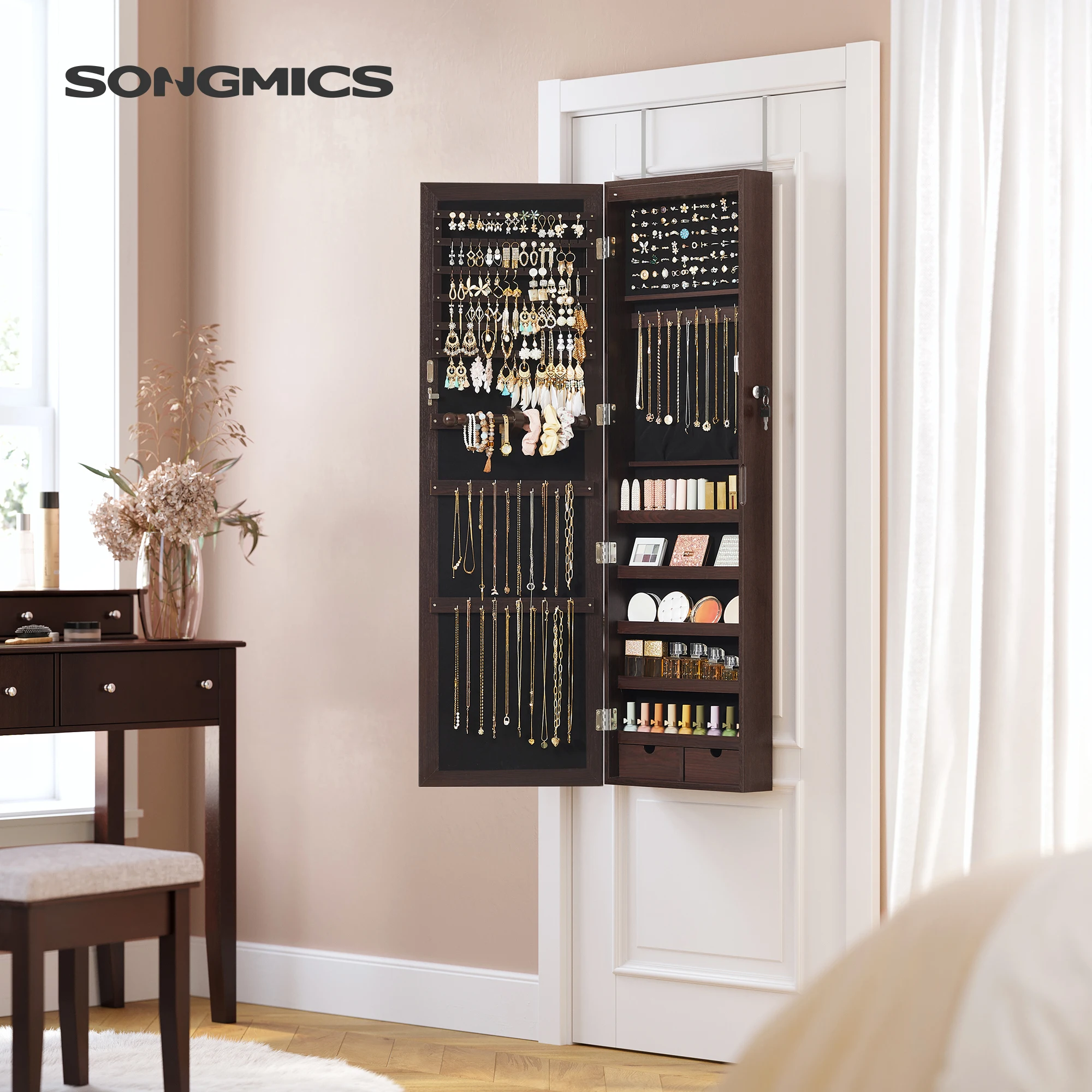 SONGMICS 6-LED خزانة مجوهرات مثبتة على الحائط مع مرآة، خزانة مجوهرات قابلة للقفل، بني UJJC93K