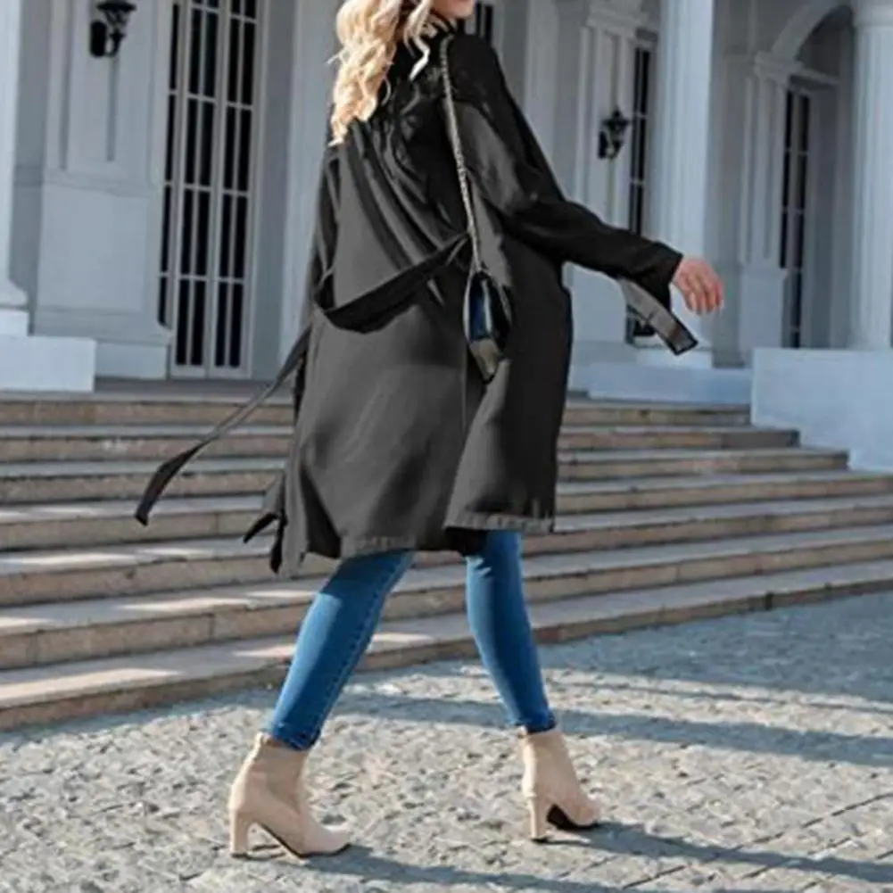 Women Overcoat Solid Color Long Sleeves with Belt Midi Length Pockets Cardigan Casual Trench Coats Autumn Jacket for Office