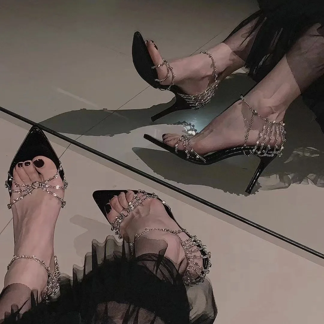 

Summer Rhinestone Black Chain Detail Decorated Leather High Heel Sandals Fine Heel Toe Head Sexy Open Toe One Strap High Heels