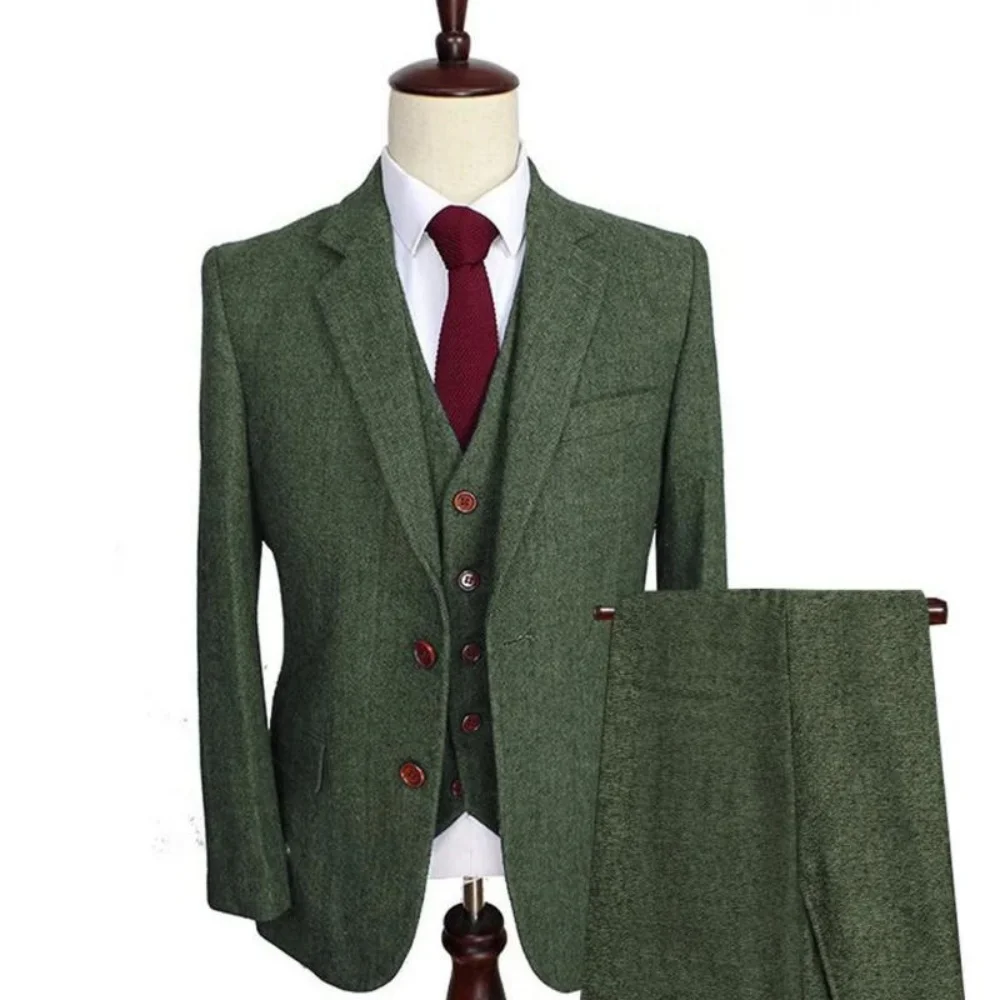 Heren 3-delig Terno-pak Legergroen Tweed Formeel Notch Revers Normale pasvorm Bruiloft Bruidsjonkers Banket Werk Roken Outfit Set
