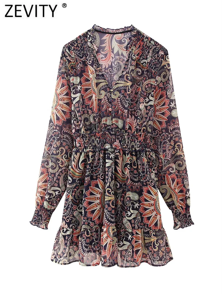 Zevity-Mini Robe Vintage en Mousseline de Soie pour Femme, Col en V, Imprimé Paisley Floral, Chic, Manches sulf, Taille artificiel astique, Volants, Éducatif, DS7210