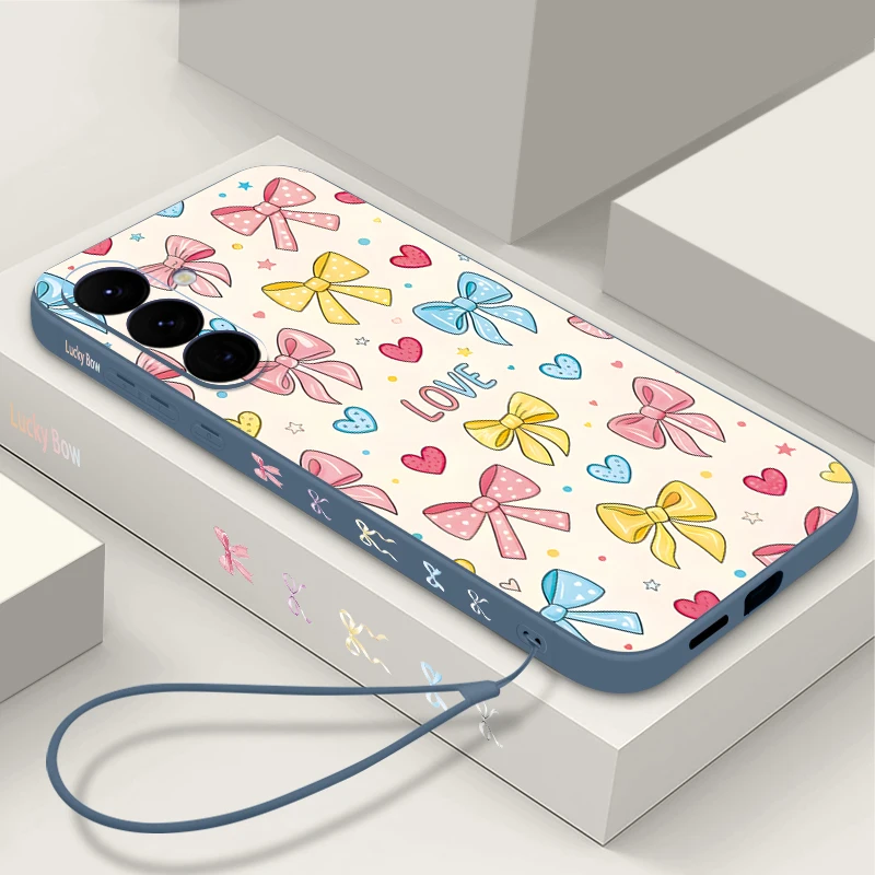 Cute Bow Pattern Lanyard Phone Case For Samsung Galaxy A57 A17 A56 A16 A55 A15 A54 A36 S25 FE S26 S24 S23 S22 Ultra Soft Cover