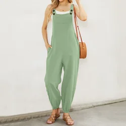 2024 Summer Cotton Linen Women Jumpsuits Solid Color Slim Waist Button Fly Strap Casual Female Rompers with Pockets Lady Overall