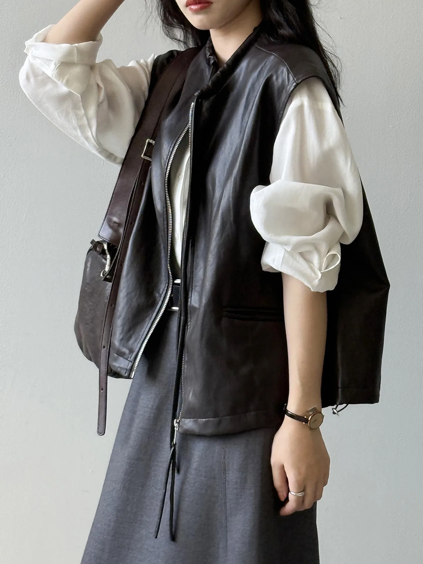 

Retro Korean Sle Women's PU Leather Vest Jaet Svel Collarl Outerwear Faionable Autumn Winter Zipper Closure