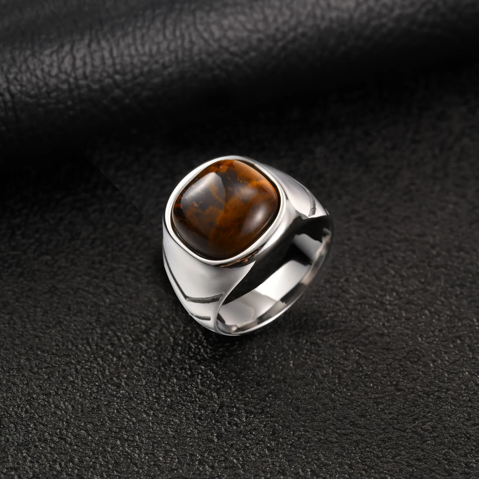 Tigerauge-Steinring für Männer und Jungen, Edelstahl-Naturstein-Quadratring, Lässiger Punk-Schmuck, Geschenk für Vater und Sohn – Detail 5