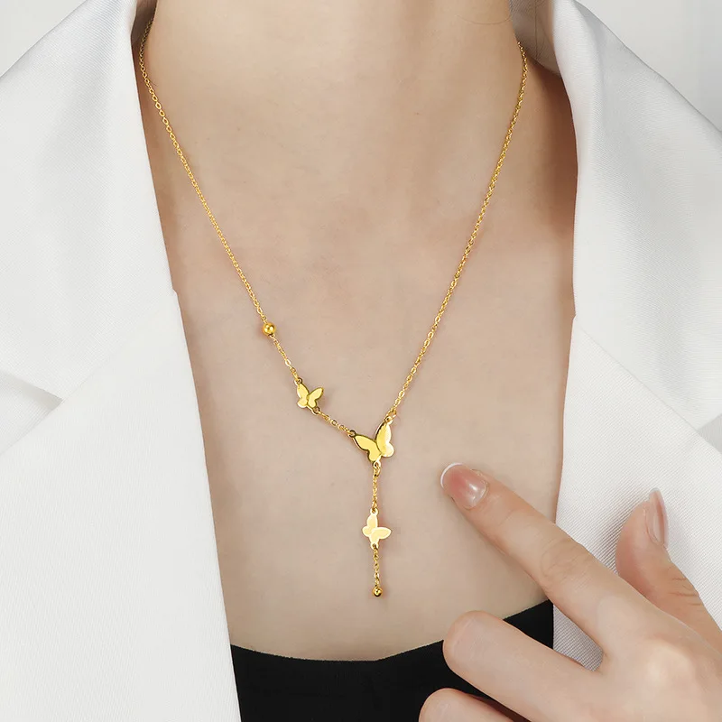 

Элегантное ожерелье с кисточками из титановой стали и бабочкой, водонепроницаемое ювелирное изделие из 18-каратного золота с вакуумным покрытием для женщин, подарок подруге