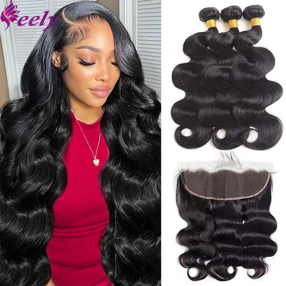 Human Hair Bundles With Frontal Body Wave 3 Bundles With 13x4 Lace Frontal Natural Black 1B Brazilian Remy Hair Weave Extensions