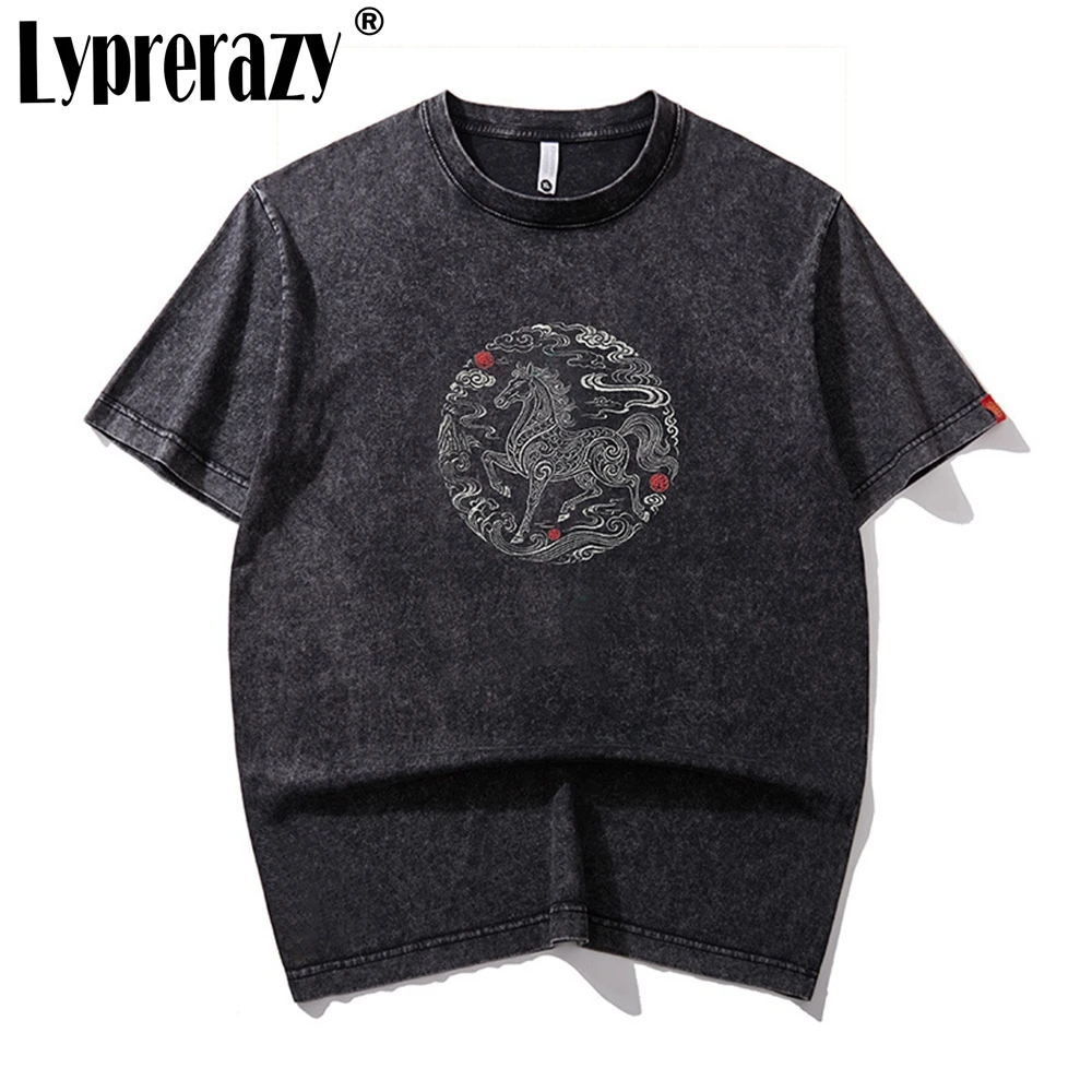 Camiseta de manga corta con cuello redondo para parejas, de algodón puro, holgada, de verano, con bordado de Ma Dao Cheng Gong, año del caballo