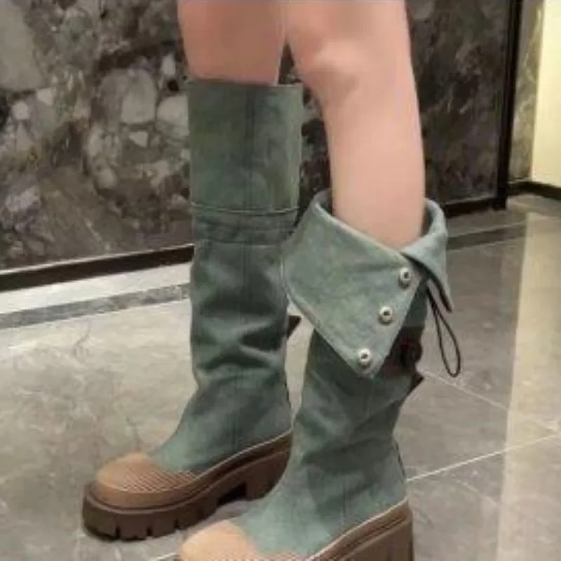Women Flats Platform Fashion Denim Chelsea Boots Shoes Designer Knee High Motorcycle Boots Casual Goth Shoes Snow Botas Mujer