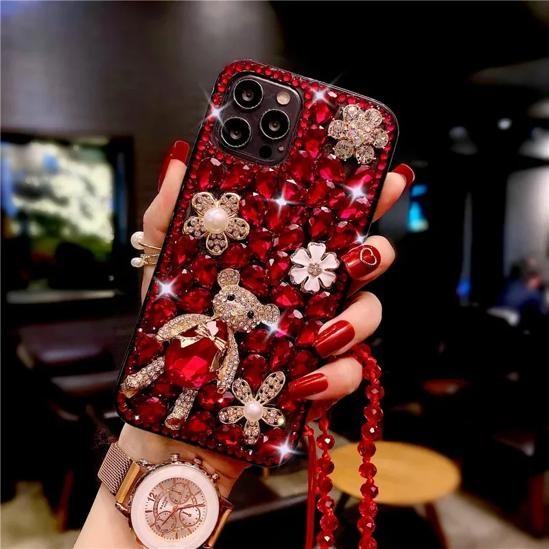 Bear Phone Case with Rhinestones, Diamond Bling Cover, Luxury Fashion, for iPhone 15, 14, 13, 12, 16 Pro Max, XR, 16PLUS