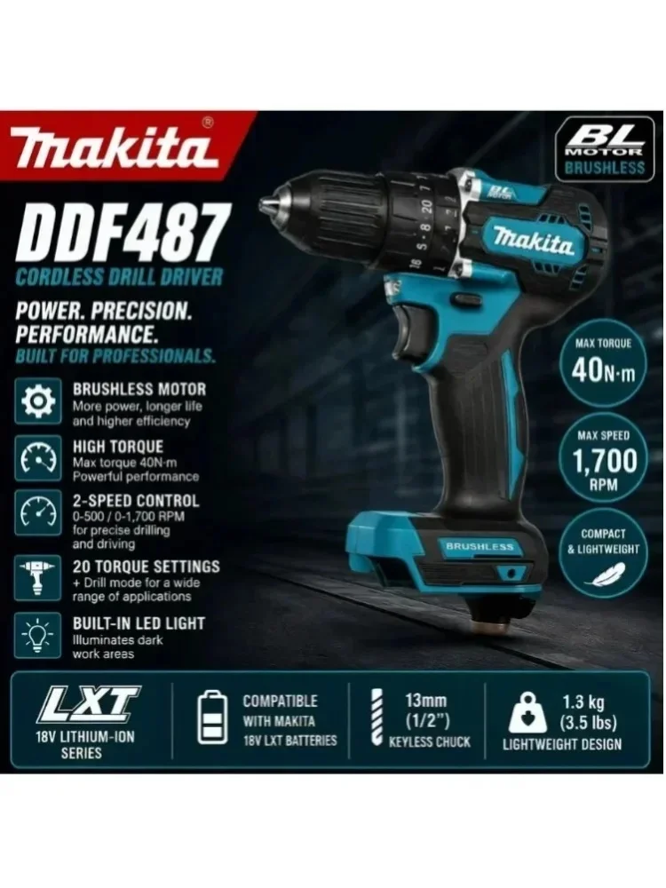 Makita DDF487 18V Akku-Bohrschrauber, bürstenloser Schlagschrauber, wiederaufladbares Elektrowerkzeug-Set für Autoreparaturen - 100% original 18V Makita 6Ah Makita Akku BL1840 BL1830B BL1850B BL1850