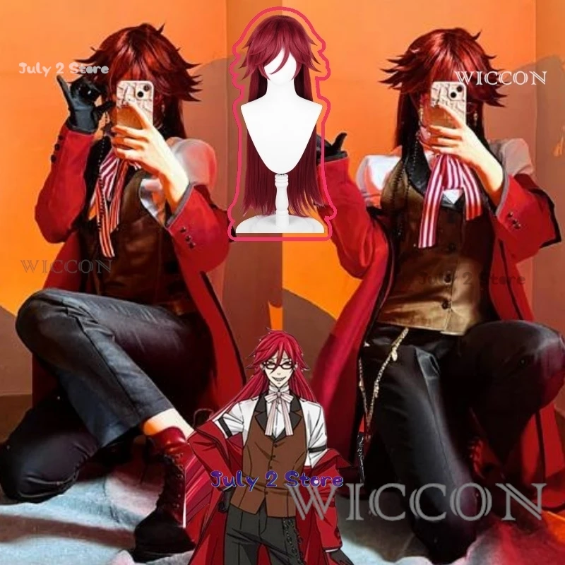 Black Butler Grell Sutcliff Michaelis Cosplay Costume Wig Uniforms Anime Cosplay Halloween Party Unisex Fancy Red Suit Glasses