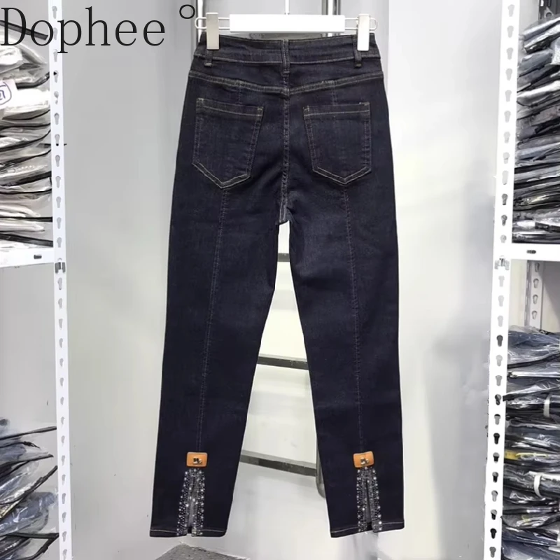 

Stretch High Waist Tight Pencil Pants for Women All-match Trendy Hot Drilling Tight Long Trousers Full Length Autumn Blue Jeans