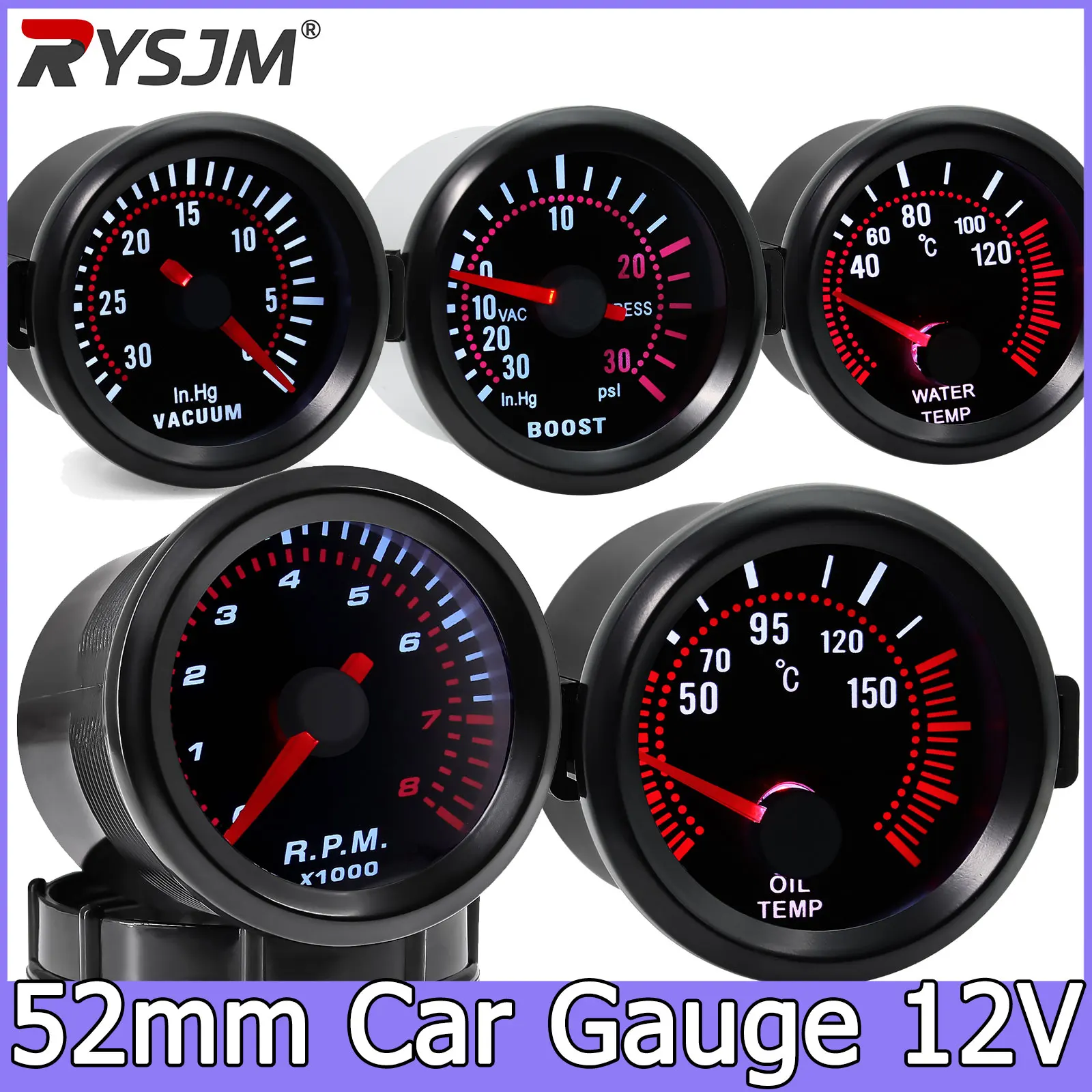 Tacômetro Automotivo de 52mm com Lente Fumê e LED Branco, Medidor de 0-8000 RPM, Manômetro de Pressão de Turbo (Bar/PSI), Vácuo, Temperatura da Água e Pressão do Óleo