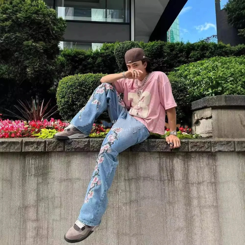 ฤดูร้อนอเมริกันวินเทจสีชมพูดอกไม้กางเกงยีนส์ขากว้างผู้หญิงสูงเอวล้างตรงกางเกงสบายๆหลวม Hip Hop แฟชั่น