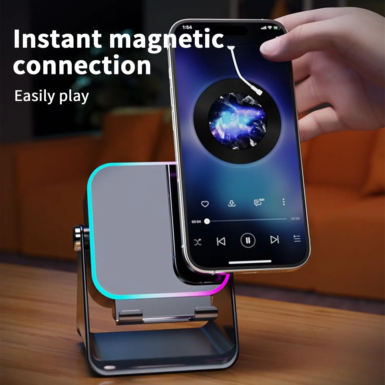 

Foldable Desktop Phone Stand, Wireless Charger & Induction Audio Speaker with Light, Multi-functional Room Office Bracket