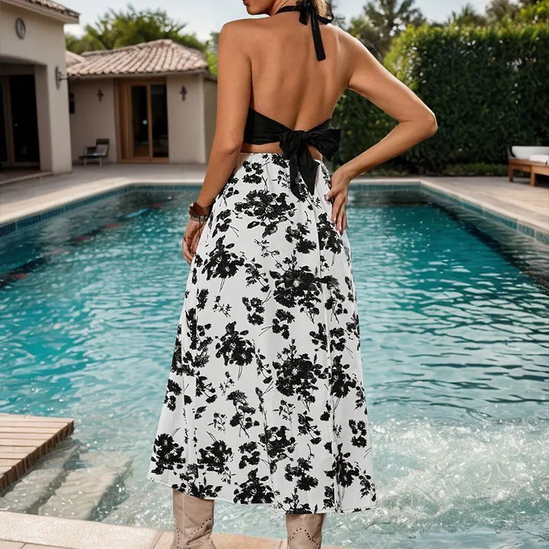 Vestido midi recortado con cuello halter y estampado floral blanco y negro para mujer, vacaciones de verano, fiesta informal, moda ajustada