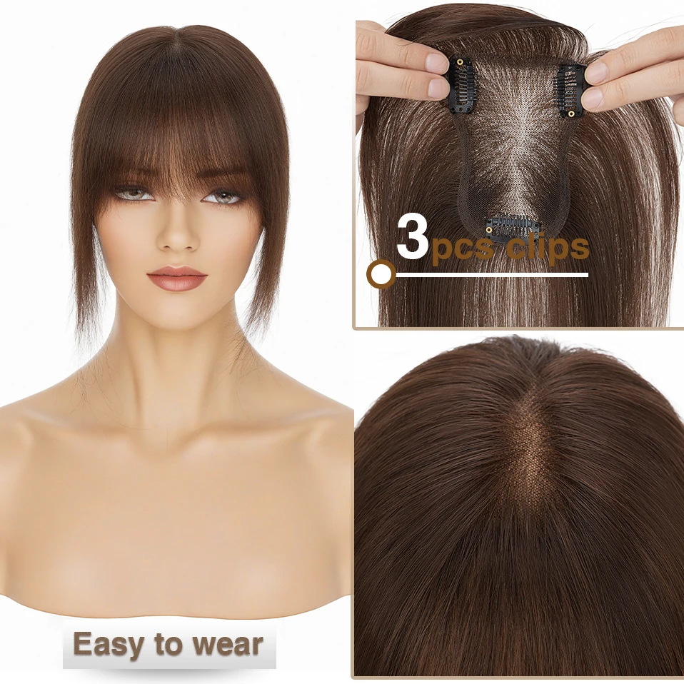 S-noilite 8x11cm Human Hair Toppers Hand-woven Single Knot Women Topper Natural Hair Wigs With Bangs Center Part Lace Hairpiece