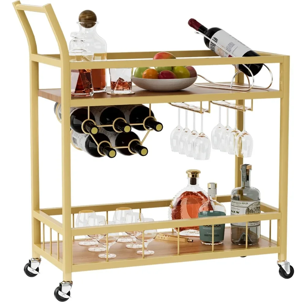 Bar Cart Home Industrial Mobile   Serving Wine  on Wheels with  Rack and Glass Holder 2 Wood Storage Shel