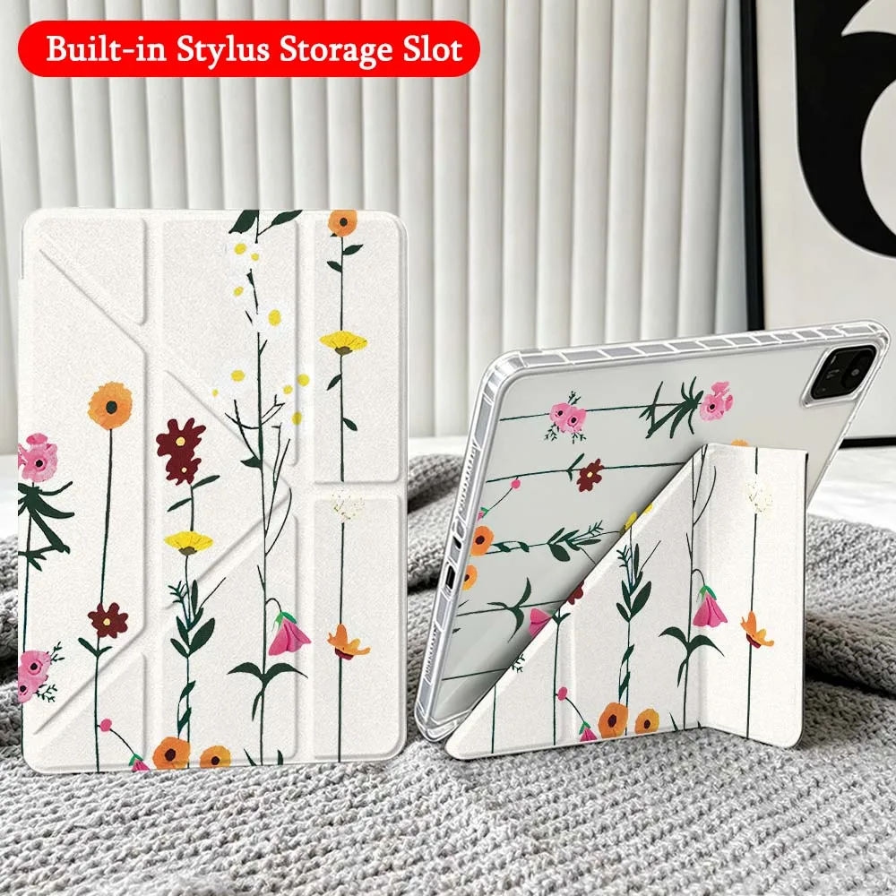 Cartoon Grass Flower For Xiaomi Redmi Poco Pad 5 6 7 8 Pro SE 11 11.2 12.1 Inch Transparent Y-Shaped Folding Tablet Case
