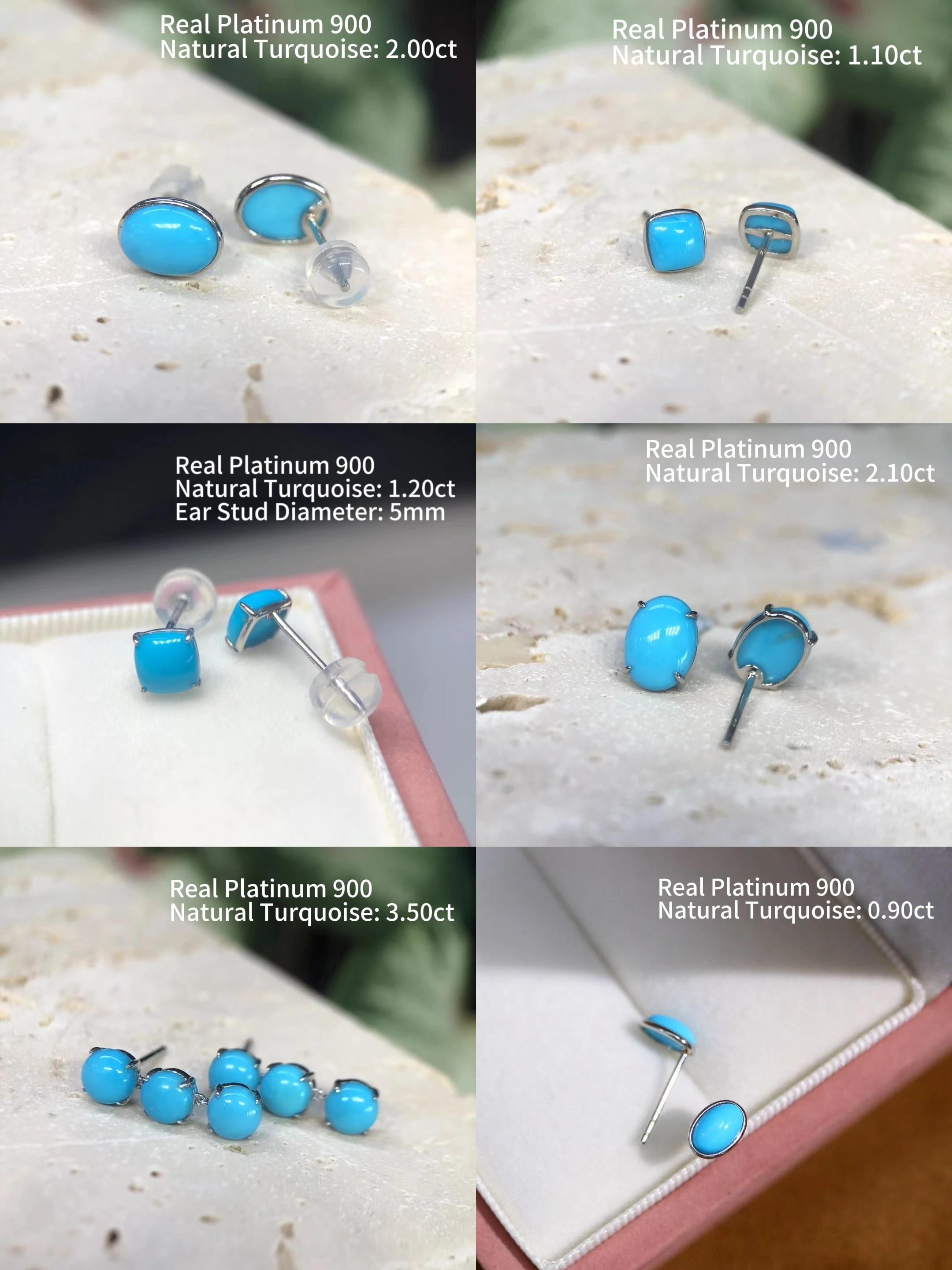 Certificate Untreated PT900 Real Platinum Natural Turquoise Earrings Blue Stone Oval/Square Ear Stud Timeless Luxury Jewelry