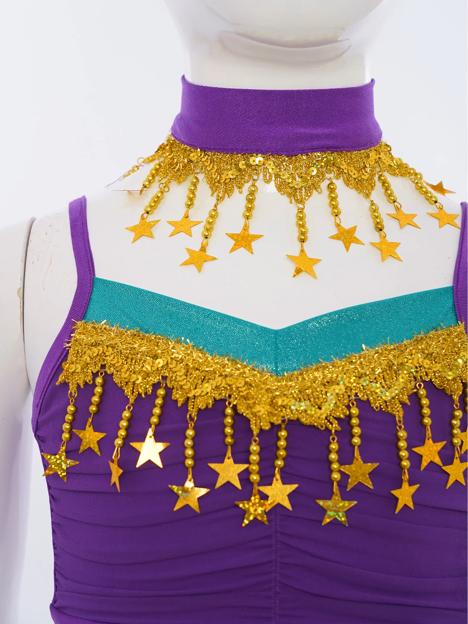 

Girls Belly Latin Jazz Dance Outfit Cosplay Halloween Costume Belly Dancewear Sequin Tassels Ruched Crop Top with Chiffon Skirt