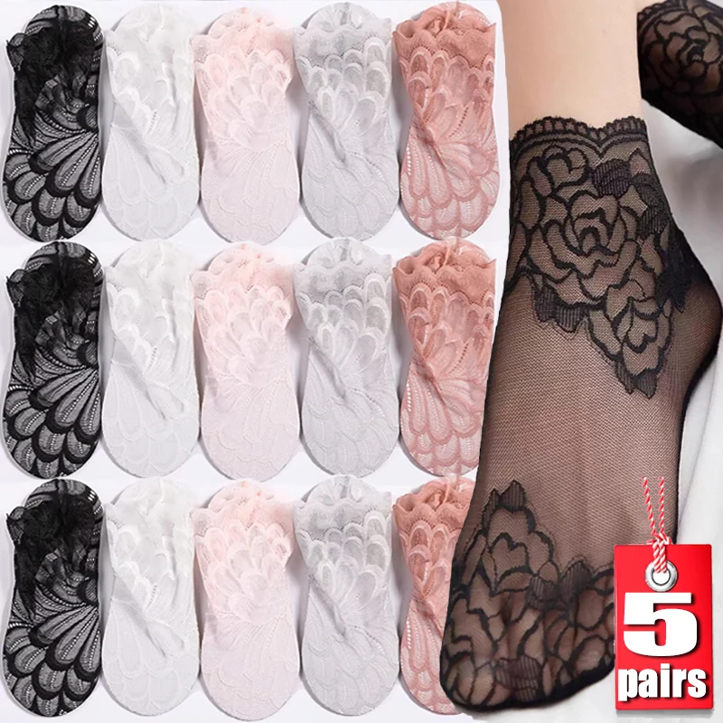 Fashion Women Lace Flower Mesh Socks Non-slip Invisible Liner Sock Female Elastic Comfy Thin Breathable Ankle Socks