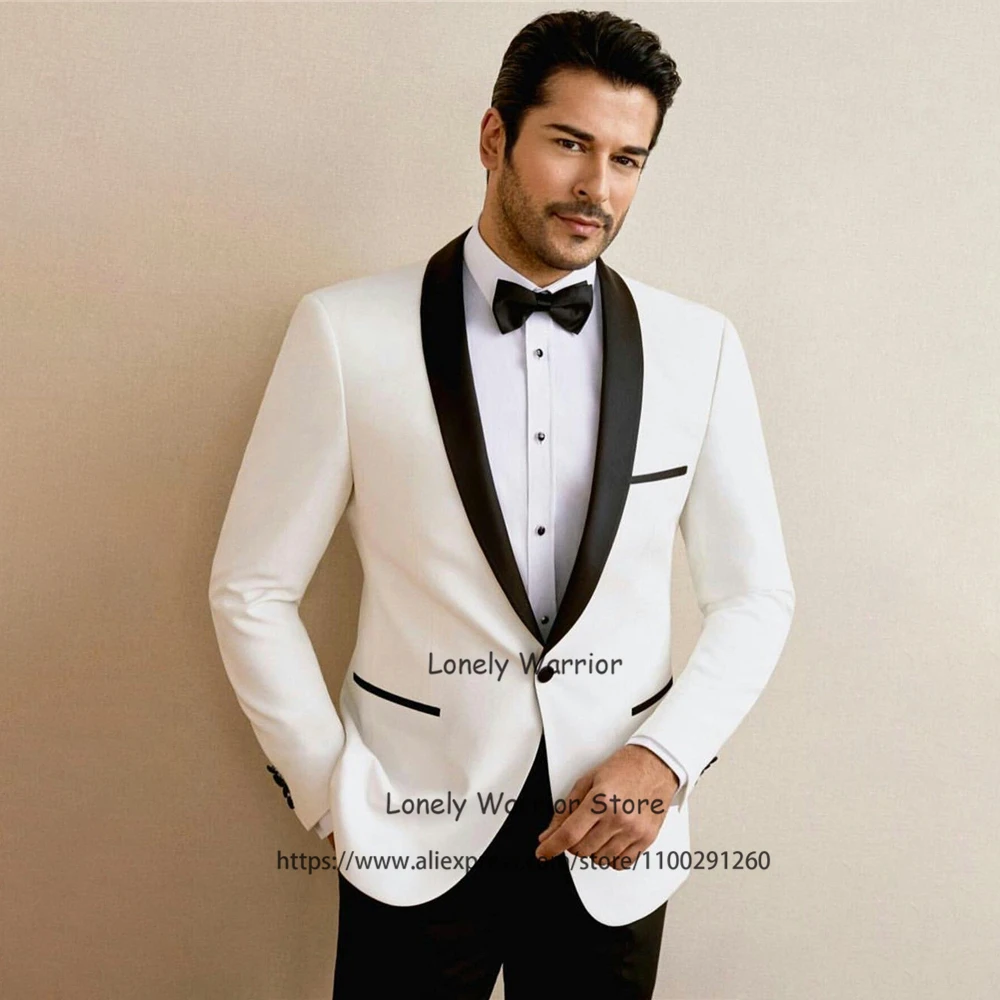 Fashion White Men Suits Shawl Lapel Wedding Groom Tuxedo Slim Fit Formal Banquet Blazer 2 Piece Set Terno Masculino Jacket Pants