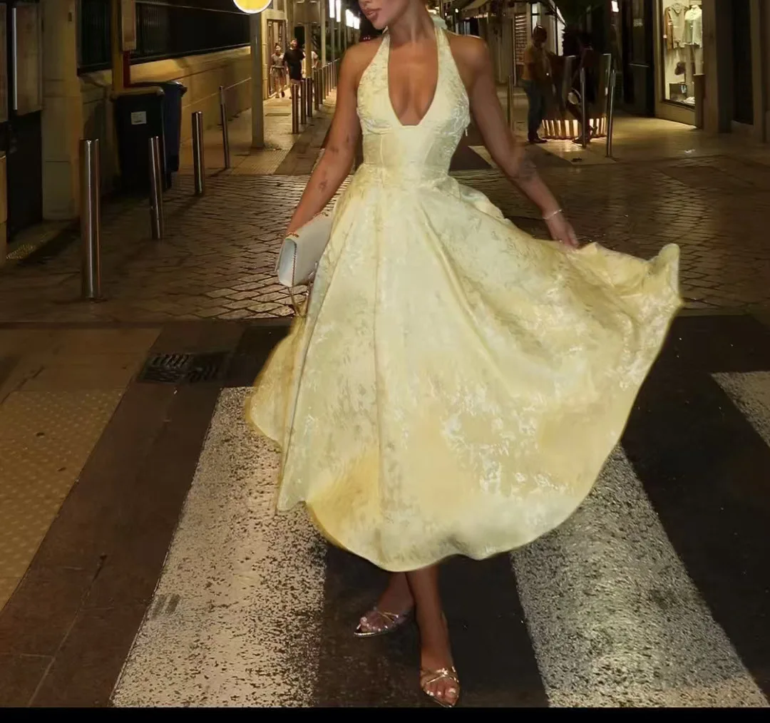 

2025 Spring and Summer New V-neck halter neck tie waist jacquard A-line dress mid-length dress-GZDL090