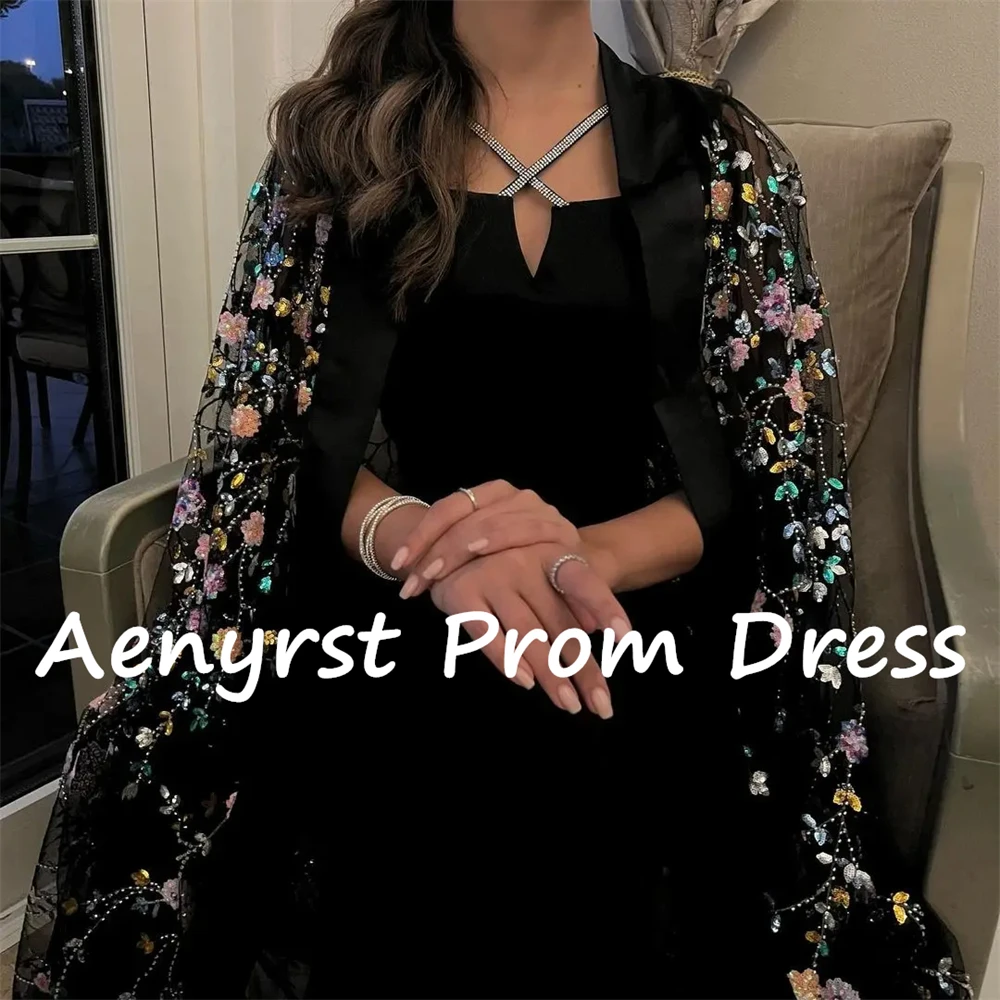 Aenyrst Saudi Arabia Black Cape Evening Dresses Appliques Ankle-Length Prom Dress 2025 Halter Wedding Guest Gowns customized