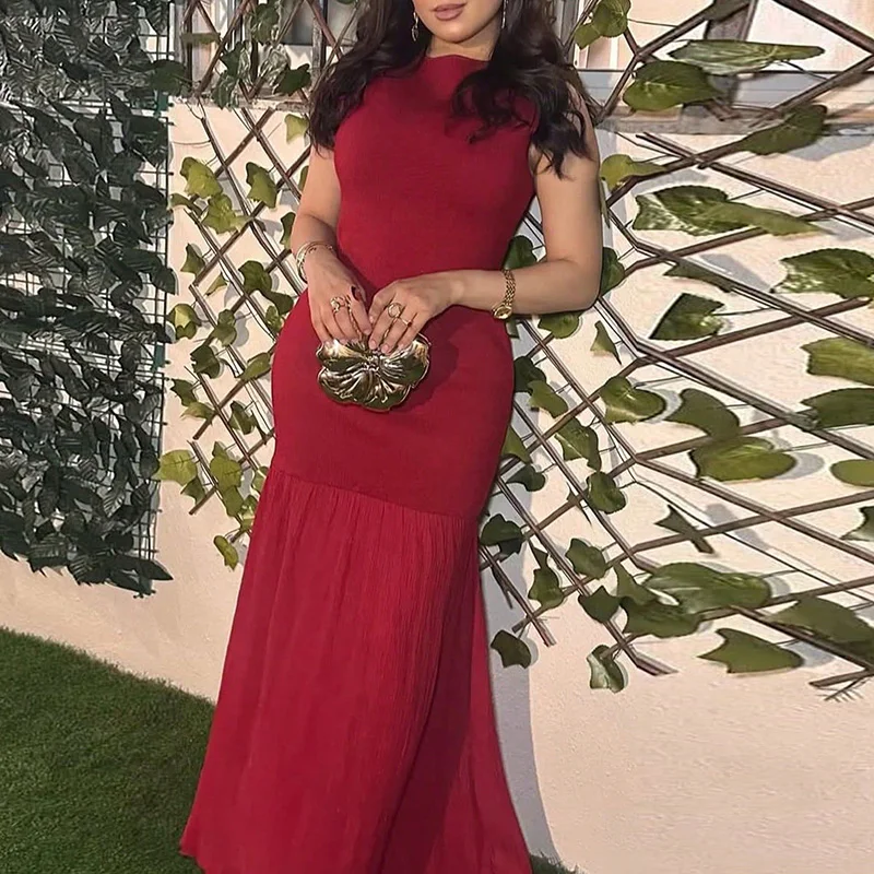 Women Summer Elegant Slim Boho Maxi Dress Fashion O-neck Sleeveless Tank Long Dress Spring Solid Patchwork Knitted Pleated Dress